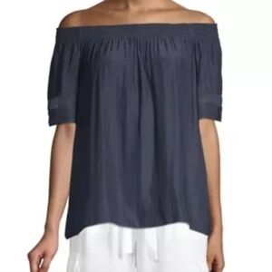 Ramy Brook Jessica Off-Shoulder Navy Blouse With Sheer Insert At Sleeve Size L